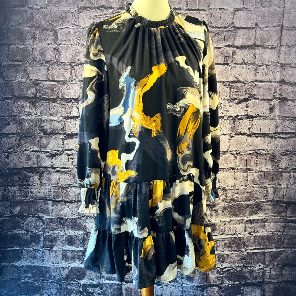 Nine West Yellow and Black Ruched Mock Neck Dress